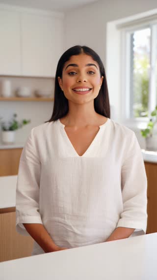 idéo réaliste, format horizontal, qualité cinéma.

Une jeune femme entre 25 et 30 ans, apparence naturelle et bienveillante, se tient debout dans une cuisine moderne et chaleureuse. La pièce est lumineuse, éclairée par une lumière naturelle douce venant d’une fenêtre. L’ambiance est calme, positive et rassurante.

La caméra est stable, plan moyen légèrement serré (buste), avec une profondeur de champ douce. La femme regarde directement la caméra, sourit légèrement, adopte un ton sincère et professionnel.

Aucune musique de fond, uniquement le son ambiant discret de la cuisine (silence propre, très léger bruit de fond naturel).

La femme parle clairement et dit exactement :

« Chez NatureHouse, comme c’est dans notre nature de prendre soin de vous, et maintenant qu'les fêtes sont passés, qu'est-ce que vous diriez d'une petite boisson détox maison ? 
Alors on se retrouve en boutique, pour vous "transmettre" mon rituel spécial “lendemain de fête. »

Le jeu d’actrice est naturel, posé, crédible, comme une vraie conseillère bien-être qui s’adresse à ses clients.

Style visuel : publicité bien-être, couleurs douces, image propre, réaliste, sans filtre excessif