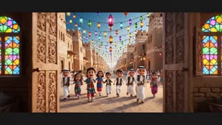 id="3wz1o7"
Cinematic transition scene from a traditional Yemeni house to a wide street in Old Sana'a during Eid celebration.

Cartoon-style Yemeni children run happily out of a traditional Yemeni house into a wide decorated street.

The street is filled with festive Eid decorations, lanterns and colorful lights between the historic mud-brick tower houses of Old Sana'a.

In the middle of the street a traditional Yemeni Al-Bar'a dance group appears.

Men wearing traditional Yemeni clothing with jambiya daggers perform the powerful Al-Bar'a dance with rhythmic movements.

Children stop and watch the dance with excitement.

Realistic Old Sana'a architecture environment with cartoon-style characters, cinematic lighting, festive atmosphere, smooth camera movement, highly detailed, 4K.