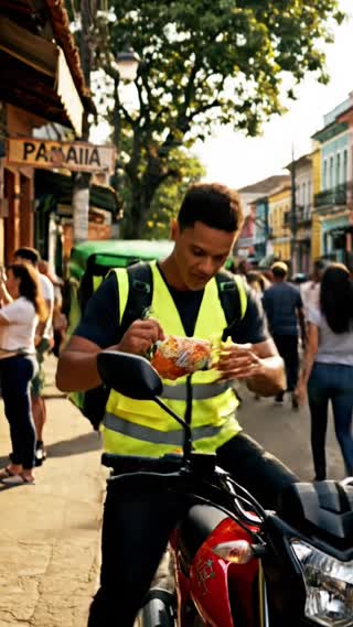 A cinematic video of a Brazilian male delivery rider walking out of a local shop on a busy, typical Brazilian street with people moving on the sidewalks. He places a snack inside his delivery backpack. Before getting onto his motorcycle, he looks directly into the camera and speaks in Brazilian Portuguese with natural lip-sync: "Você sabia que pelo valor de um lanche desse, eu tenho uma proteção financeira da segure tudo? Caso eu venha a me acidentar terei minhas contas pagas? Ou até mesmo se eu faltar a casa própria de minha família e a faculdade de meus filhos estarão garantidos?". The video ends with a professional voiceover in Brazilian Portuguese saying: "Faça uma cotação agora mesmo na Segure Tudo e se proteja". Authentic Brazilian street atmosphere, realistic lighting, and clear audio.