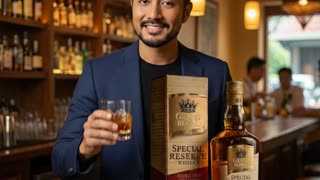 Ultra-realistic AI UGC talking video using one single Myanmar male character in a premium luxury Myanmar interior inspired by refined teak craftsmanship, rich dark teak wood walls, minimal carved details, warm golden ambient lighting, subtle brass and lacquerware accents, polished dark wood table, shallow depth of field, calm and exclusive whisky lounge atmosphere, no pagoda and no religious symbols. A real whisky glass with ice is visible in frame, product shape unchanged 100%. Camera starts in a clean front medium close-up with a soft micro push-in, minimal elegant movement. Script spoken clearly and calmly within 8 seconds, wording unchanged: “Whisky ဆိုတာ… သောက်ချင်လို့ သောက်တာမဟုတ်ဘူး။ ဘဝထဲက မမေ့နိုင်တဲ့ moment ကို သိမ်းထားချင်လို့ သောက်တာပါ။ ကျွန်တော်ကတော့ အောင်မြင်မှုတွေအတွက် Grand Royal Special Reserve Whisky တစ်ခွက်နဲ့ အတူ အဖော်ပြုလေ့ရှိပါတယ်..” Ending with a gentle pause and confident stillness. as a close-up portrait shot focusing on expressive details, with shallow depth of field blurring the background