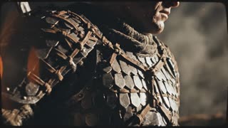 ultra realistic, hyperrealistic, cinematic lighting, 8k, HDR, film grain, volumetric lighting, dramatic shadows, realistic skin texture, motion blur, depth of field, anamorphic lens, epic cinematic tone.  armor detail lamellar plates tied together
camera: slow rotation