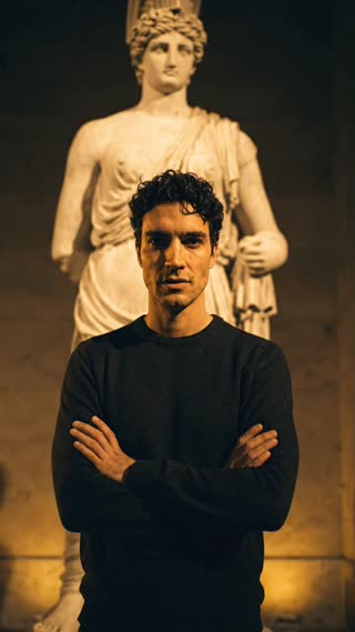 Cinematic founder video. A man with curly dark hair, arms crossed, standing in a dimly lit classical museum at night with a large ancient Greek marble statue behind him. He looks directly into the camera with a calm, intense gaze and says: "Icarus. Memento Mori. Van Gogh. Athena. The Creation of Adam. Crown of Thorns." Warm golden light from below, dramatic shadows, marble textures visible in background. Slow push-in camera movement. Cinematic 24fps. No text overlay. Realistic lip sync. Low, confident male voice. Slow, deliberate delivery on each name.

