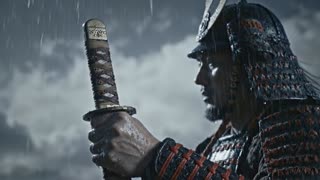 samurai raising sword ready
camera: low angle hero shot