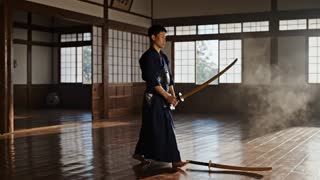 samurai bowing before training, discipline ritual
camera: slow pan