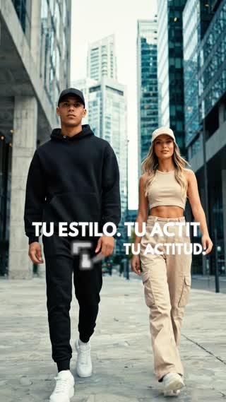 Video publicitario urbano, texto a video, duración máxima 8 segundos, estilo cinematográfico realista. Escena en una calle moderna de ciudad con edificios altos, concreto y cristal, ambiente streetwear premium.

Aparecen dos modelos jóvenes caminando hacia la cámara. El hombre viste outfit negro completo, tenis blancos y gorra negra lisa de 6 paneles con visera curva. La mujer viste outfit beige tipo cargo, tenis blancos y gorra beige lisa de 6 paneles con visera curva.

Ambos modelan principalmente las gorras mientras caminan. El hombre toca suavemente la visera y la mujer acomoda su gorra y gira ligeramente el rostro para mostrarla de perfil. Incluir breves primeros planos de las gorras para resaltar forma, textura y costuras.

Importante: la gorra negra del modelo hombre debe permanecer puesta durante todo el video, en todas las escenas y todos los cambios de plano. Nunca debe desaparecer, quitarse ni cambiarse. En la última escena, el modelo hombre debe seguir usando claramente la gorra negra.

Movimientos totalmente naturales, fluidos y humanos, sin rigidez, deformaciones ni movimientos robóticos. Cámara suave tipo comercial de moda.

Texto en pantalla: “TU ESTILO. TU ACTITUD.” y al final “ENCUENTRA TU COLOR”. Ortografía extremadamente estricta: sin errores, letras deformadas ni palabras inventadas.