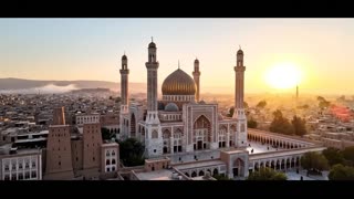 ## لقطة جوية لصنعاء – الفجر مع ظهور جامع الصالح

![Image](https://images.openai.com/static-rsc-3/D2VemnCwtxezCUEY6GTe4ZDsDr2d10-3G9lcgCGYKhfxpKHnblQf4VC9tqVdFqWpIYZz94FDWh4wsQ6gPOTzqZ_1h5zmgfjm-l368gSnrDk?purpose=fullsize\&v=1)

![Image](https://st2.depositphotos.com/2273093/9335/i/950/depositphotos_93357782-stock-photo-yemen-middle-east-aerial-view.jpg)

![Image](https://images.openai.com/static-rsc-3/iR0vevdANuZWXIK-ZTcTg9Ks2QNwFNvg7ync0IYtKeLE_aiZWNJGDNY9R2DFQMExme3tJgEHxNZ5kt60Aeljb7ja8NiaSBp2BtfAFxaF-S4?purpose=fullsize\&v=1)

![Image](https://images.openai.com/static-rsc-3/Ffda83PD-U2virG2KwSu6cuhzsunp_S6ZcNRTfvZ2XyZv_BD2aGQ29G-ev8tvmHp0psRsVu1SMsHEq6jP4mS6JEV14auZFqh0CQt6MhntLY?purpose=fullsize\&v=1)


Cinematic aerial drone shot of Sana'a, Yemen at dawn. 
The sun is rising and warm golden light covers the city. 
The camera flies slowly over Sana'a skyline and reveals the magnificent Al Saleh Mosque with its large central dome and tall minarets. 
Morning atmosphere, soft mist and early sunlight. 
The distant call to prayer echoes across the city. 
Realistic environment, authentic Yemeni architecture, smooth drone movement, cinematic lighting, 4K



slow cinematic drone movement, epic opening shot, peaceful dawn atmosphere