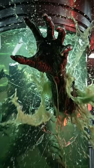 中近景，一只巨大扭曲的怪手打破培养舱，绿色溶液喷涌而出