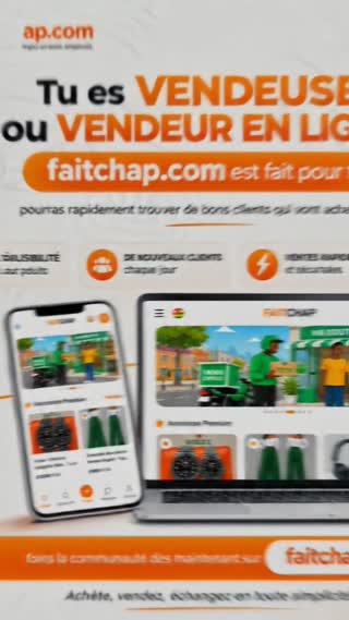 Crée une publicité cinématographique premium de 35–45 s pour FAITCHAP, marketplace reliant vendeurs et acheteurs à Lomé, Togo. Format 9:16, photoréaliste, rendu 4K, esthétique startup tech haut de gamme, lumière naturelle, peau réaliste, profondeur de champ et caméra dynamique.

Toute l’action se déroule à Lomé : rues authentiques, motos et moto-taxis, boutiques modernes, circulation, végétation tropicale, architecture et ambiance togolaise. Lomé doit paraître moderne, dynamique et crédible.

SCÉNARIO : Une jeune vendeuse togolaise, dans sa boutique, regarde son téléphone, déçue par le manque de commandes. Cut vers un jeune acheteur à Lomé qui cherche un produit mais ne trouve rien de satisfaisant sur les réseaux sociaux.

Il découvre FAITCHAP sur son smartphone. Il recherche, fait défiler les offres, compare puis trouve exactement ce qu’il cherche. Interactions UI réalistes : clics, scroll, cartes produits, sélection et confirmation, + micro-animations élégantes.

Match cut : le produit affiché sur son téléphone devient le produit réel dans la boutique. La vendeuse reçoit une notification de commande, sourit et prépare le colis.

Un livreur à moto récupère le colis et traverse les rues de Lomé. Montage dynamique : vendeuse → colis → moto → acheteur. L’acheteur reçoit son produit et sourit, satisfait.

Montage CapCut Pro : cuts rythmés, speed ramps, whip transitions, motion blur, match cuts, micro-zooms, sound design synchronisé, whooshes et notification premium. Musique Afro-tech/Afrobeat moderne avec montée progressive.

FIN : montage vendeur + acheteur + produit + Lomé, puis logo FAITCHAP.

Texte ajouté en post-production :
« Vous vendez ? Vous cherchez ? FAITCHAP vous connecte. »
« La marketplace qui connecte vendeurs et acheteurs. »
« faitchap.com »