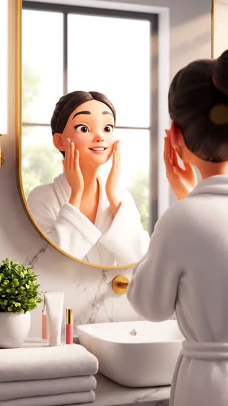 La vidéo se passe dans une salle de bain moderne, lumineuse, propre, avec une lumière naturelle du matin. Le style doit être cartoon premium, féminin, propre, pas enfantin. On voit une jeune femme au teint assez pâle, en entier ou presque, en train de commencer à s’appliquer de la mousse autobronzante sur le bras avec un gant noir. Elle porte un débardeur blanc et un bas blanc simple. La mousse doit être bien visible pour qu’on comprenne tout de suite la situation.

À côté d’elle, posé au sol comme une vraie présence dans la pièce, il y a le flacon Soléa Radiance. Il est très grand, presque à taille humaine. Il doit ressembler au vrai produit, avec sa vraie couleur, son vrai style, son côté glossy premium. Il n’a pas besoin d’avoir des bras ou des jambes, juste un visage subtil quand il parle.

La fille commence tranquillement à étaler la mousse sur son bras, comme si c’était une routine normale. Puis le flacon l’interrompt, comme une copine qui la voit encore faire une galère inutile.

Le flacon dit :
« Stop… tu vas vraiment encore te mettre ça sur le corps ? »

La fille s’arrête, tourne la tête vers lui, surprise, un peu gênée, puis répond :
« Bah… oui. Je veux juste avoir bonne mine, moi. »

Le flacon répond calmement, avec assurance :
« Oui mais ça colle, ça sent fort, et franchement le rendu fait pas toujours naturel. »

Pendant cette dernière phrase, on voit bien la mousse sur son bras et sa petite grimace. Le ton doit être naturel, fluide, un peu drôle, comme une vraie conversation. Cette scène dure environ 10 secondes et sert juste à installer le problème.