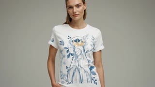Use the provided T-shirt artwork as an exact print texture.
The artwork must be treated as a locked, non-editable layer.
It must not be recreated, reinterpreted, enhanced, upscaled, vectorized, redrawn, color-corrected, stylized, or altered in any way.

The design must remain pixel-identical to the reference image.
Maintain exact typography, color values, layout, proportions, spacing, and graphic elements.
Do not adjust brightness, contrast, saturation, sharpness, or add glow effects to the artwork.

The image should be mapped onto the T-shirt fabric as a realistic flat print texture (UV-mapped surface application).
No warping, distortion, repositioning, resizing, or cropping of the design.

Scene direction:
• A female model wearing the T-shirt in a neutral studio environment.
• The model faces forward naturally.
• Smooth, slow 180-degree turn to clearly reveal the back design.
• Camera includes medium shot, then slight close-up of the printed area.

Lighting: soft neutral commercial studio lighting (no dramatic color grading).
Background: clean, minimal, neutral tone.
Mood: premium Christian fashion brand, elegant and refined.

Duration: 8–10 seconds.
Format: vertical 9:16.
Ultra-realistic fashion commercial style