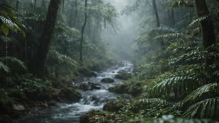Scene 3: Depth + Movement (Prevent Drop-Off)

The camera slowly pans sideways through the trees, revealing deeper layers of the forest with mist rolling through the background. Rain continues steadily, slightly heavier now, creating visible streaks in the air. The lighting remains soft but slightly darker, enhancing the cozy, introspective mood. Small environmental details—like dripping branches and shifting fog—keep the scene visually engaging without being overwhelming.
 in a dreamy, surreal atmosphere with soft focus effects and ethereal lighting