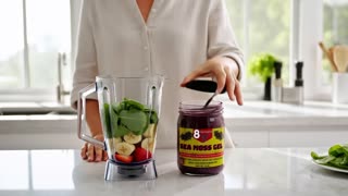 Use the exact Sea Moss Gel product from the uploaded image. Show one healthy adult in a bright modern kitchen preparing a smoothie. The person adds one spoonful of the exact Sea Moss Gel into a blender. The product jar must remain visible on the kitchen counter. Realistic human movement. Premium commercial style. Natural lighting. Do not alter the product label or packaging. Do not create additional jars. No medical imagery.