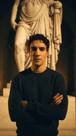 Cinematic founder video. A man with curly dark hair, arms crossed, standing in a dimly lit classical museum at night with a large ancient Greek marble statue behind him. He looks directly into the camera with a calm, intense gaze and says: "Every piece, a story that survived thousands of years. Now you can wear one. 50,000 people already found theirs. The Memento Mori collection is live now — limited pieces. Yours is waiting." Warm golden light from below, dramatic shadows, marble textures visible in background. Slow push-in camera movement. Cinematic 24fps. No text overlay. Realistic lip sync. Low, confident, slightly tired male voice.
