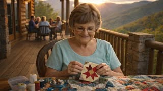 She is quilting on the porch of a cabin in the Appalachian mountains of Tennessee. She is looking down and concentrating on the quilting and then looks up at the camera smiling. She is NOT talking. Just smiling. There is beautiful magic light. Medium shot. We very slowly pan across the frame. The people in the background are having a good time quilting. We don't go closer than medium shot. 