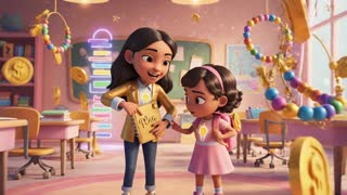 Create a high-quality 3D Pixar-style animated scene featuring two young Latina sisters named Estrategia (7 years old) and Inversión (4 years old). Estrategia has long dark slightly wavy hair, confident smile, wearing a soft gold blazer, white shirt with a small lightbulb symbol, modern jeans, and white sneakers with gold details. She holds a small planner labeled "Plan".

Inversión has short soft curly dark hair, bright expressive eyes, wearing a pastel pink dress, pink sneakers, and a small backpack with a gold money symbol. She looks curious and sweet.

The environment is a colorful magical financial classroom with pastel pink, gold and warm yellow tones. Soft cinematic lighting, ultra detailed, animated movie quality, friendly and educational atmosphere.