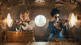 Interior of armored car, all brass with portholes for windows as seen in the reference mage.  The blonde woman   should look exactly as she does in the reference image but the woman with black hair LOOKS A  LITTLE DIFFERENT with her black high piled high in Gibson Girl style, wearing very old-fashioned round wire rimmed dark sunglasses and wearing a blue Edwardian outfit.  Both HAVE THEIR MACHINE RIFLES POINTED THROUGH THE PORHOLE WINDOWS ON EITHER SIDE OF THEM DO NOT HAVE THEM FIRING STRAIGHT AHEAD!  THEY ARE FIRING THROUGH THE ROUND WINDWS IN THE CAR in a cinematic scene with professional lighting, shallow depth of field, and movie-quality visual effects  in a cinematic scene with professional lighting, shallow depth of field, and movie-quality visual effects