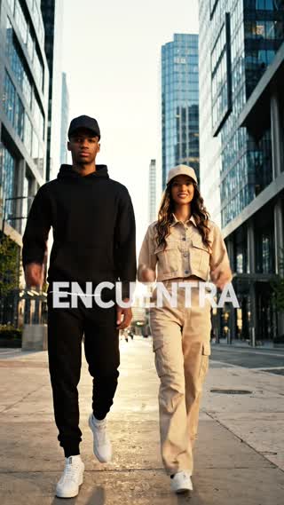 Video publicitario urbano, texto a video, duración máxima 8 segundos, estilo cinematográfico realista. Escena en una calle moderna de ciudad con edificios altos, concreto y cristal, ambiente streetwear premium.

Aparecen dos modelos jóvenes caminando hacia la cámara. El hombre viste outfit negro completo, tenis blancos y gorra negra lisa de 6 paneles con visera curva. La mujer viste outfit beige tipo cargo, tenis blancos y gorra beige lisa de 6 paneles con visera curva.

Ambos modelan principalmente las gorras mientras caminan. El hombre toca suavemente la visera y la mujer acomoda su gorra y gira ligeramente el rostro para mostrarla de perfil. Incluir breves primeros planos de las gorras para resaltar forma, textura y costuras.

Importante: la gorra negra del modelo hombre debe permanecer puesta durante todo el video, en todas las escenas y todos los cambios de plano. Nunca debe desaparecer, quitarse ni cambiarse. En la última escena, el modelo hombre debe seguir usando claramente la gorra negra.

Movimientos totalmente naturales, fluidos y humanos, sin rigidez, deformaciones ni movimientos robóticos. Cámara suave tipo comercial de moda.

Texto en pantalla: “TU ESTILO. TU ACTITUD.” y al final “ENCUENTRA TU COLOR”. Ortografía extremadamente estricta: sin errores, letras deformadas ni palabras inventadas.
