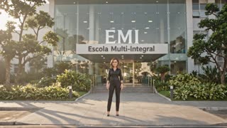 A photorealistic wide shot of the Escola Multi-Integral (EMI) entrance in Park Way, Brazil, (www.escolamultiintegral.com.br) bathed in warm early morning sunlight. The camera slowly dollies forward, capturing the detailed modern architecture with clean lines, large glass panels reflecting the golden glow, and lush green landscaping framing the building. The school sign is sharply focused, with natural ambient lighting casting soft, long shadows across the pavement. Subtle atmospheric haze adds depth, while the gentle sound of birdsong and distant city ambiance enhances the serene, inviting mood. Cinematic composition with shallow depth of field at the edges, maintaining sharp focus on the entrance facade.