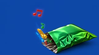 Animate the image with smooth, realistic 3D motion. Colorful, glossy musical notes emerge directly from inside the open mouth of the green metallic bag, then float upward in a beautiful spiral motion. The notes rise continuously from the bag opening, moving upward and slightly to the left, gradually spreading out as they gain height. Smaller notes emerge first, followed by larger colorful musical notes and golden treble clefs. Each note rotates gently in 3D space, reflecting vibrant highlights and subtle colorful light trails. Add a few tiny sparkling particles around the notes.

**BACKGROUND:** Use a perfectly uniform, solid chroma blue background (#0000FF) covering the entire frame. The blue must remain completely flat, with no gradients, textures, shadows, reflections, or lighting variations. Do not use a transparent checkerboard.

Keep the green metallic bag completely stationary, preserving its original shape, wrinkles, metallic reflections, lighting, and exact position. Maintain the original camera angle and composition. All musical notes must emerge naturally from inside the bag opening and travel upward continuously in a graceful spiral. Keep the notes sharp, colorful, glossy, and clearly separated from the background.

Static camera, no zoom, no camera movement, no distortion, no changes to the bag, no extra objects, no text. High-quality photorealistic 3D rendering, smooth cinematic motion, clean edges, consistent lighting.

The background must stay pure blue throughout the entire animation for easy removal using Ultra Key in Adobe Premiere Pro.