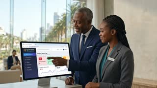 The Black male hotel manager and Black female receptionist maintain their exact side-by-side standing positions at the reception desk behind the screen, as seen in the image. The manager speaks directly to the receptionist while pointing his finger toward the computer screen displaying the Spark Hotel PMS dashboard. The receptionist stays in her position, listening attentively and nodding smoothly. The manager speaks aloud in French: "Avec Spark Hotel, nous gagnons un temps précieux sur tous nos check-ins et check-outs. Nous pilotons l'ensemble de l'hôtel en quelques clics, tout simplement !". Realistic lip-sync for the manager, natural lighting, high quality, professional hotel environment.

Script Voix-Off / Dialogue (8 secondes)
[00:00 - 00:04] « Avec Spark Hotel, nous gagnons un temps précieux sur tous nos check-ins et check-outs. »

[00:04 - 00:08] « Nous pilotons l'ensemble de l'hôtel en quelques clics, tout simplement !