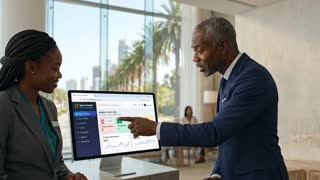 A Black male hotel manager points at a computer screen showing the Spark Hotel PMS dashboard, explaining the system to a smiling Black female receptionist standing next to him at the reception desk. Gentle motion, natural facial expressions and professional setting.