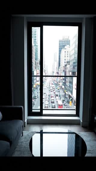 "Premium real estate commercial, realistic cinematic style, vertical 9:16. Interior of a contemporary high-end apartment on a high floor. In the foreground, a large PVC window with a slim black frame and double glazing, open toward a busy city avenue with heavy traffic of cars and buses; daylight is bright and slightly cool. The window slowly closes. The moment the glass meets the frame, the interior becomes visibly calm: light turns warmer and softer, and the traffic outside appears silent and slightly blurred behind the glass. Slow smooth camera movement, 35mm lens. Realistic photographic look, matte materials, neutral palette of black, grey and white, subtle film grain."