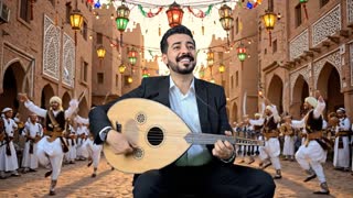Use the uploaded image as the main character reference.

Transform the person into a cartoon style character while keeping the exact same face and identity.

The character is a Yemeni singer playing an oud.

The scene takes place in a decorated street of Old Sana'a during Eid celebration.

Behind him a traditional Yemeni Al-Bar'a dance group performs.

Festive lanterns and Eid decorations hanging above the street.

Realistic Old Sana'a architecture environment with cartoon style characters.

Cinematic lighting, animated style, highly detailed, 4K.

keep the exact facial features of the uploaded image