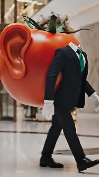 An anthropomorphic tomato with human ears and ayes wearing a sharp, elegant dark business suit with a white shirt and silk tie. The tomato has polished black leather shoes and confident posture. Scene shows the tomato walking into a modern luxury shopping mall through glass automatic doors. Bright dynamic lighting, reflections on the floor, high-end mall interior with shops and soft background blur. Ultra-realistic, cinematic style, shallow depth of field, professional fashion photography look, 4K detail, dramatic but classy atmosphere