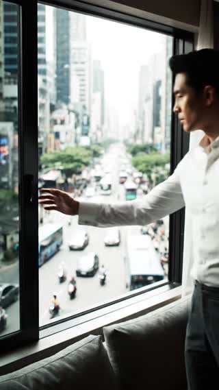 Premium real estate commercial, photoreal cinematic style, vertical 9:16, 8 seconds. A high-end modern apartment on a high floor. A well-dressed man in his 40s in a crisp white dress shirt stands beside a large floor-to-ceiling PVC window with a slim black frame. The window is open: outside, a chaotic busy city avenue roars with heavy traffic, buses and motorbikes, harsh bright daylight, a strong sense of urban noise and movement. He calmly reaches out and slowly closes the window. The instant the glass seals, the street outside goes silent and slightly blurred behind the glass, and the interior becomes calm, warm and sophisticated, soft natural light and elegant decor. He relaxes his shoulders with a subtle sense of relief. Slow smooth cinematic camera, 35mm lens, realistic skin texture and matte materials, neutral premium palette of black, grey and white, subtle film grain. The feeling: from chaos outside to peace inside.