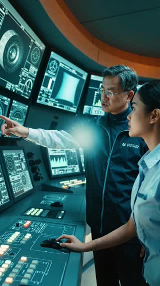 Create a photorealistic cinematic documentary video of international nuclear engineering training and long-term technical cooperation.

Inside a modern power plant control room simulator, experienced Korean engineers guide Thai trainees through technical procedures and digital monitoring systems.

The camera slowly moves past realistic control panels, showing trainees learning, discussing, and working together.

Use cinematic teal-and-orange color grading, soft bloom, subtle film grain, dramatic but natural lighting, and smooth professional camera movements.

Style: Premium educational science documentary, realistic and professional.

Vertical 9:16, 5–6 seconds. No narration, text, logos, or watermarks.