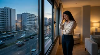 She slides the open window fully shut; loud street traffic and honking fade to clean silence the moment it seals; she goes from a tense headache to calm relief with a gentle happy smile. She does not speak, mouth closed. Photoreal, slow cinematic camera.