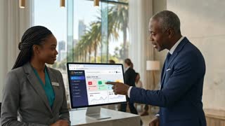 The Black male hotel manager and Black female receptionist maintain their exact side-by-side standing positions at the reception desk behind the screen, strictly as seen in the image. The manager speaks directly to the receptionist while pointing his finger toward the computer screen displaying the Spark Hotel PMS dashboard. The receptionist stays in her position, listening attentively and nodding smoothly. The manager speaks aloud with natural lip-sync in clear French: "Avec Spark Hotel, nous gagnons un temps précieux sur toutes nos arrivées et nos départs. Nous pilotons l'ensemble de l'hôtel en quelques clics, tout simplement !". Balanced, soft corporate background music mixed with subtle hotel lobby ambience. Photorealistic, natural lighting, high quality, 4k.

Script Dialogue & Timing (8 secondes)

[00:00 - 00:04]

Manager (voix) : « Avec Spark Hotel, nous gagnons un temps précieux sur toutes nos arrivées et nos départs. »

Action : Le manager pointe le screen et parle, la réceptionniste l'écoute.

[00:04 - 00:08]

Manager (voix) : « Nous pilotons l'ensemble de l'hôtel en quelques clics, tout simplement ! »

Action : Le manager conclut avec un geste naturel, la réceptionniste hoche la tête en souriant.