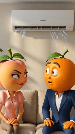 Continue the same cinematic scene with the exact same characters and environment.

🍑 Female Peach is sitting comfortably on the sofa inside the cool room. 🍊 Male Orange is sitting a little far away from her, looking surprised and waiting.

Peach slowly turns toward Orange. She has a playful evil expression: a slight angry eyebrow, a mischievous smile, and a confident look. She is not truly angry, just teasing in a funny way.

With perfect Persian lip sync, Peach says:

«نه... تو میری بیرون کنار همون پیاز بوگندو!»

She pauses for a moment, looks proudly at the EUROICE air conditioner, smiles, and says:

«کولر گازی یوروآیس فقط برای منه!»

Orange reacts with a funny shocked face, feeling rejected.

Keep the EUROICE air conditioner visible in the background, cool breeze atmosphere, cozy modern home, realistic fruit characters with expressive faces, Pixar-quality 3D animation, cinematic lighting, humorous commercial style.

Persian voices only. No subtitles. No text on screen. in a cinematic scene with professional lighting, shallow depth of field, and movie-quality visual effects in a cinematic scene with professional lighting, shallow depth of field, and movie-quality visual effects