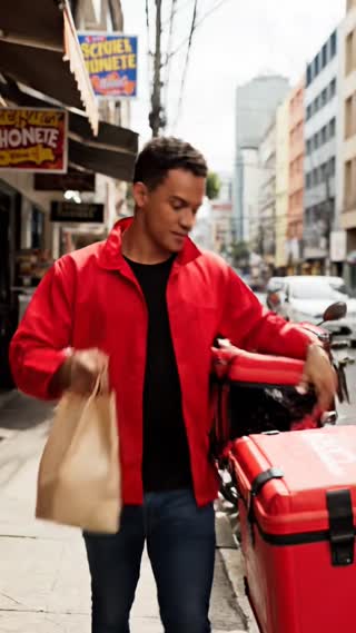 A medium shot of a Brazilian delivery man, a man in his late 20s with Latin American features, calmly walking out of a small snack bar or local eatery towards his motorcycle parked on a city street. He is carrying a paper delivery bag. His steps are calm and deliberate. Right before putting the food package into the motorcycle's delivery box, he pauses, turns his head to look directly into the camera with a friendly and genuine expression. He lipsyncs and speaks naturally (not rushed) in Brazilian Portuguese: "Você sabia que pelo valor de um lanche desse eu tenho proteção financeira da segure tudo? para mim e minha família. Isso mesmo! Em caso de um acidente, eu posso ficar em casa tranquilo me recuperando com minhas contas pagas ou em minha falta a minha o futuro de minha família estará garantido, acesse agora e saiba mais." Realistic lighting, cinematic look, natural motion.

Dicas para a criação do vídeo:
Áudio e Sincronia Labial (Lipsync): Como o texto é longo e específico em português, a maioria das IAs de vídeo atuais não gera a fala perfeita direto no primeiro prompt. O ideal é gerar o vídeo com o movimento dele olhando para a câmera e, depois, usar uma ferramenta de lipsync (como Sync Labs, HeyGen ou ElevenLabs) para aplicar a voz em português sincronizada com os lábios dele.

Aspectos do entregador: O termo "Latin American features" ajuda a IA a entender o biotipo brasileiro comum em ferramentas internacionais.
