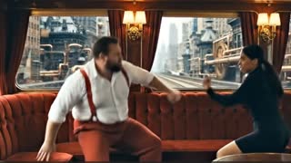 A young woman with light brown skin looking and dresses exactly as she is in the reference image has a determined expression stands in the opulent main compartment of a luxury train. The interior features deep red velvet upholstery, comfortable leather couches, and large tinted windows framing a blurred, passing VERY STEAM PUNK MANHATTAN CITYSCAPE DURING THE DAY. She faces a large, MUSCULAR, well built, imposing man SEEN IN THE REFERENCE IMAGE TO THE LEFT OF THE GIRL IN THE TRAIN COMPARTMENT in a tense confrontation. He lunges forward with a slow, telegraphed swing; she swiftly ducks under his arm. In a fluid motion, she counters with a precise, controlled strike to his shoulder, causing him to stumble backward in surprise. She follows with a swift, karate chop to his neck and he slumps onto a plush couch, incapacitated. THERE IS NO ONE ELSE IN THE COMPARTMENT EXCEPT FOR THE WOMAN AND MUSCULAR MAN. Through the windows we can see a VERY STEAM PUNK MANHATTAN DURING THE DAY passed by.  Cinematic wide shot with dramatic low-key lighting, shadows playing across the velvet, camera tracks the action smoothly. Style is a dynamic action sequence with stylized choreography, emphasizing agility and skill over impact. in a cinematic scene with professional lighting, shallow depth of field, and movie-quality visual effects.   in a cinematic scene with professional lighting, shallow depth of field, and movie-quality visual effects