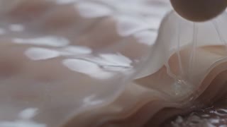 Multiple translucent soft tissue layers sliding smoothly over each other, thin sheets like lasagna layers, clear lubricating gel between layers, slow fluid motion, soft light, macro view. 
Lubricating gel gradually becoming more viscous, sticky texture, layers still sliding but with visible resistance, slowed motion, subtle tension between layers. 
“Fibrous strands crossing between tissue layers, connecting multiple sheets, reduced independent movement, localized restriction, denser opaque fibers, contrast with softer layers. 
Gentle mechanical stimulation, slow waves or pressure restoring fluidity, viscous gel becoming smoother, layers regaining sliding motion in non-fibrotic areas. 
Fibrotic fibers remaining stiff despite treatment, surrounding layers moving but restricted at fibrous bridges, clear contrast between mobile and resistant zones. 