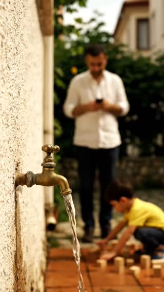 Realistic cinematic close-up of a garden tap running unnecessarily in a small apartment garden or courtyard, clean water flowing onto the ground for a few seconds, warm daylight, quiet Turkish neighborhood atmosphere, calm thoughtful public service announcement mood, slow camera movement, vertical 9:16, no text, no logo, no watermark.

Realistic cinematic public service announcement short film about saving water at home, a warm Turkish family home, kitchen sink, garden tap, clean water glass, an adult accidentally leaves water running while distracted, a child notices and turns it off, the adult realizes the importance of saving water, calm emotional storytelling, natural acting, warm daylight, documentary realism, shallow depth of field, soft film grain, vertical 9:16, no text, no logo, no watermark, no cartoon, no animation.

Genel Negatif Prompt: cartoon, animation, 3D, fantasy, disaster, dirty water, war, violence, scary atmosphere, exaggerated acting, text, logo, watermark, distorted hands, extra fingers, deformed faces, unrealistic water movement.