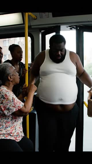 A drunk man traveling on a public city bus, holding a bottle of alcohol in his hand. He is wearing pants and a white sleeveless undershirt, and he is extremely obese, so his belly is sticking out of the undershirt. An elderly woman traveling on the bus looks at the drunk man and angrily scolds him, saying, “Drink less, you animal.”

The bus is in motion, and the drunk man has difficulty keeping his balance, so he travels while leaning against the bus door. During the journey, the bus door suddenly opens, and the man falls onto the asphalt road and is dragged for a short while. At the moment he is being dragged, a person on the bus records it. The bus continues its journey