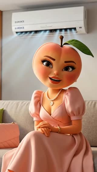 Create a vertical 9:16 cinematic video for social media.

Continue with the same beautiful anthropomorphic female Peach character from the previous scenes.

🍑 Peach is sitting elegantly on a comfortable sofa in a modern cool living room. The camera is placed in front of her. She looks directly into the camera with a charming, confident, playful expression.

She has a slightly mischievous smile, a small evil eyebrow raise, and a funny victorious attitude.

The EUROICE air conditioner is clearly visible in the background, showing the cool and comfortable atmosphere.

Peach speaks only Persian with perfect lip sync:

«ممنون از کولر گازی یوروآیس که باهاش تونستم انتقامم رو از خانم پیاز و آقای پرتقال بگیرم!»

After finishing the sentence, she looks at the camera and laughs loudly in a funny playful evil way:

«هاهاهاهاها!»

Keep the video vertical 9:16, optimized for Instagram Reels. Pixar-quality 3D animation, realistic peach texture, cinematic lighting, expressive facial animation, natural Persian voice, humorous commercial style.

No subtitles, no text on screen. in a cinematic scene with professional lighting, shallow depth of field, and movie-quality visual effects in a cinematic scene with professional lighting, shallow depth of field, and movie-quality visual effects