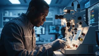 Live-action photorealistic close-up shot inside a Mars research lab, a scientist in a fitted casual utility uniform intently examining a rust-red soil or rock sample held under equipment on a clean modern workstation, sample trays nearby containing small pieces of Martian regolith and mineral fragments, soft focused task lighting illuminating their hands and the equipment while the rest of the room falls into a slightly dimmer ambient glow, shelves and monitors displaying Martian atmospheric and geological data readouts visible in the softly blurred background, a small potted plant or hydroponic tray tucked in the corner hinting at colony life-support research, the room fully enclosed with smooth modern paneling and no windows, all illumination coming from engineered ceiling and task lighting, shallow depth of field keeping focus tightly on the scientist's hands and face, shot on real film camera aesthetic with natural lens grain, warm and cool lighting contrast between the task light and ambient room tone, documentary-style realism, no CGI or animated look, quiet focused and intelligent mood emphasizing careful precise work central to sustaining the Mars colony