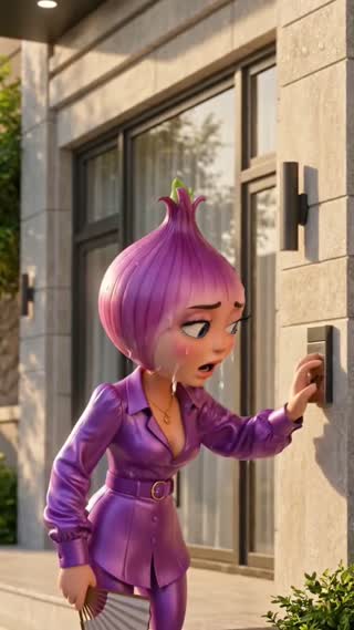 Create a 5-second vertical (9:16) cinematic animation.

Use the uploaded Female Onion reference image as the exact character reference.
Keep the Onion character IDENTICAL to the reference image.
Do NOT change her face, onion shape, texture, colors, clothes, proportions, or personality.
She is NOT a human. She must remain a cute animated onion with realistic onion texture and a fruit-shaped body.

The character speaks ONLY Persian with accurate Persian lip sync.
No subtitles, no captions, no text on screen.

Scene:
A scorching summer afternoon outside a modern house. The Female Onion stands in front of the front door, sweating heavily, breathing fast, and looking completely exhausted from the heat. She repeatedly rings the doorbell with urgency while fanning herself with one hand.

🧅 Onion says in Persian (out of breath):
«توروخدا... یکی درو باز کنه... دارم از این گرما پیاز سوخاری می‌شم!»

Camera:
Medium shot from outside the house, slowly pushing in toward the Onion while she rings the doorbell.

Style:
Pixar-quality 3D animation, realistic onion texture, cinematic lighting, smooth animation, professional commercial quality, 4K.

Avoid:
Human face, human body, changing the Onion character, distorted face, extra limbs, blurry image, low quality, text, logo, watermark. in a cinematic scene with professional lighting, shallow depth of field, and movie-quality visual effects in a cinematic scene with professional lighting, shallow depth of field, and movie-quality visual effects
