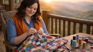 She is quilting on the porch of a cabin in the Appalachian mountains of Tennessee. There is beautiful magic light. Medium shot. We very slowly pan across the frame. We don't go closer than medium shot. 