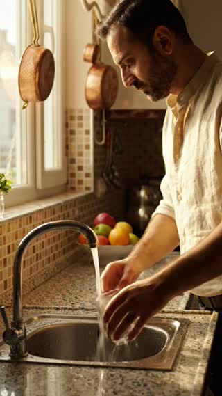 A realistic cinematic scene inside a warm Turkish family kitchen during daylight. An adult washes a glass at the sink, then gets distracted by a phone or something on the counter and steps away for a moment, leaving the tap running gently. Water continues flowing into the sink. Calm everyday atmosphere, natural acting, warm sunlight through the window, documentary public service announcement style, vertical 9:16, no text, no logo, no watermark.

Realistic cinematic public service announcement short film about saving water at home, a warm Turkish family home, kitchen or bathroom sink, an adult accidentally leaves the tap running while distracted, a child notices the running water and quietly turns off the tap, the adult sees this and realizes the importance of saving water, calm emotional storytelling, natural acting, warm daylight, documentary realism, shallow depth of field, soft film grain, vertical 9:16, no text, no logo, no watermark, no cartoon, no animation.

Genel Negatif Prompt: cartoon, animation, 3D, fantasy, disaster, drought disaster, crying child, extreme poverty, dirty water, war, violence, blood, scary atmosphere, exaggerated acting, text, logo, watermark, distorted hands, extra fingers, deformed faces, unrealistic water movement, messy dirty house.
