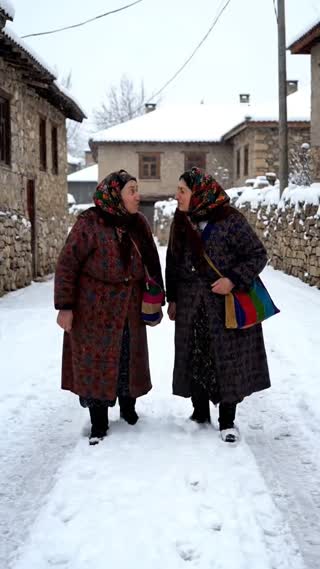 Daytime. Overcast winter sky.

A quiet rural Anatolian village after heavy snowfall. The narrow village road is completely covered in fresh white snow, with visible footprints and slightly icy patches. Old stone houses line the road, their roofs thick with snow. The atmosphere is cold but lively, filled with subtle village sounds and distant wind.

Two elderly village women, both in their late 60s, walk side by side along the snowy road. They are wearing traditional rural clothing: long patterned coats, thick wool scarves wrapped around their heads, and sturdy boots sinking slightly into the snow with each step. They are clearly on their way to visit someone as guests, carrying small fabric bags in their hands.

As they walk, they lean slightly toward each other, whispering and gossiping. Their faces are expressive, mischievous, and animated. Their breath is visible in the cold air. After a brief pause, they speak:

Teyze 1 (meraklı ve fısıldayan bir tonla):
“Kız Hatçe, duydun mu bizim Fatma’nın kocası evi terk etmiş.”

Teyze 2 (başını sallayarak, dedikoducu bir sesle):
“He ye kız, duydum… anasının evine gitmiş.”

There is a short moment of silence as they look at each other — then both women suddenly burst into loud, genuine laughter. Their laughter echoes slightly through the snowy village road as they continue walking forward.

The camera follows them smoothly from the front at chest height, slowly dollying backward to keep both women fully in frame. No cuts. Natural lighting. Realistic textures. Cinematic depth of field. Subtle handheld motion for realism.