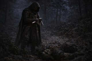 The rogue wipes the blood from his dagger. Everything else is motionless.