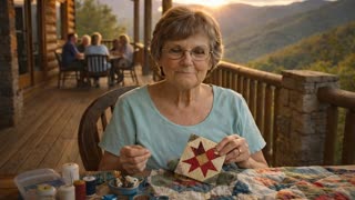She is quilting & smiling on the porch of a cabin in the Appalachian mountains of Tennessee. There is beautiful magic light. Medium shot. We very slowly pan across the frame. She is looking down quilting and looks up at the camera smiling. The people in the background are having a good time quilting. We don't go closer than medium shot. 