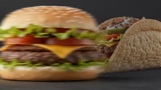Animate the provided image into a fast, smooth, cinematic 8-second commercial.

Start immediately with the first product. Move through all 10 products separately, using approximately 0.65 seconds per brand.

Animation sequence:
0.0–0.65s: McDonald's burger zooms forward.
0.65–1.30s: Burger King burger slides smoothly into view.
1.30–1.95s: Subway sandwich sweeps across the screen.
1.95–2.60s: Starbucks drink rotates gently into focus.
2.60–3.25s: Taco Bell taco slides forward.
3.25–3.90s: Pizza Hut pizza spins smoothly into view.
3.90–4.55s: Dunkin' coffee and donut appear with a quick zoom.
4.55–5.20s: Five Guys burger moves forward with cinematic depth.
5.20–5.85s: Papa Johns pizza sweeps into frame.
5.85–6.50s: Cinnabon cinnamon roll appears with a smooth close-up.

6.50–8.00s: Transition to a clean final screen displaying:
"NEMENDASKÍRTEINI"
"Fleiri staðir. Betri kjör."

Use smooth camera movement, quick zooms, motion blur, realistic lighting, and seamless transitions synchronized with energetic music.

IMPORTANT: Never display multiple products simultaneously except for the Dunkin' pairing. Preserve all original brand logos and product details. Do not distort food, misspell words, add random text, or change company names. Keep everything crisp, premium, and photorealistic.