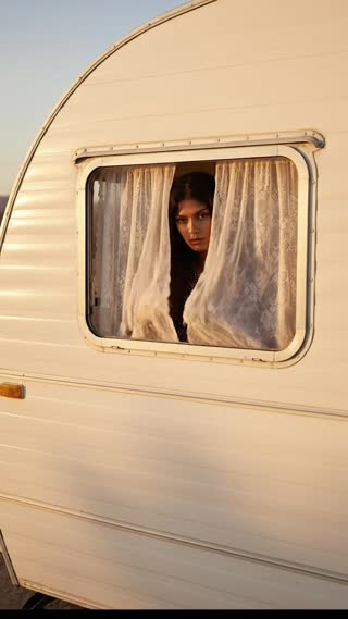 “Exterior shot of a vintage caravan in the desert at golden…