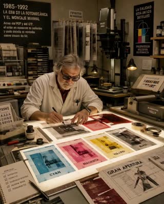 Historical documentary shot inside a professional photomechanical and manual paste-up studio from 1985-1992. The entire workspace is the subject, not the operator. Keep the process camera, the Kelly waxing machine, the instruction sheet, hanging films, light table and all prepress equipment visible at all times. Only a subtle camera movement is allowed. No cropping, no reframing, no zooming, no object creation, no object removal. Preserve the exact composition of the original image.
Camera movement less than 5%.
Format 1080 x 1350 px