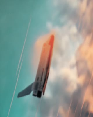 animate a retro inspired cinematic looping video of the rocket flying through the air. in a cinematic scene with professional lighting, shallow depth of field, and movie-quality visual effects